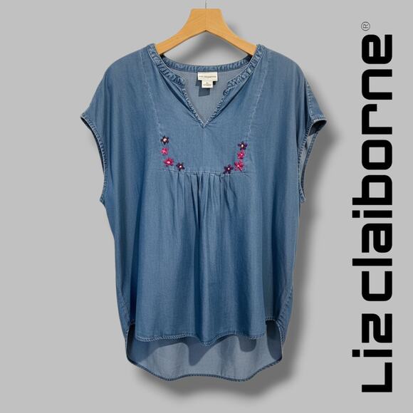 Liz Claiborne Women’s Chambray Blue Embroidered Sleeveless Top – 100% Lyocell XL - Picture 7 of 8